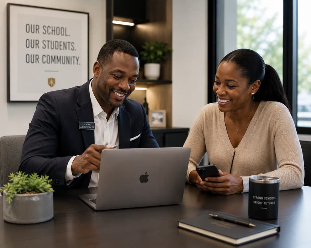 School administrator and a parent or student reviewing information together on a laptop at a desk.